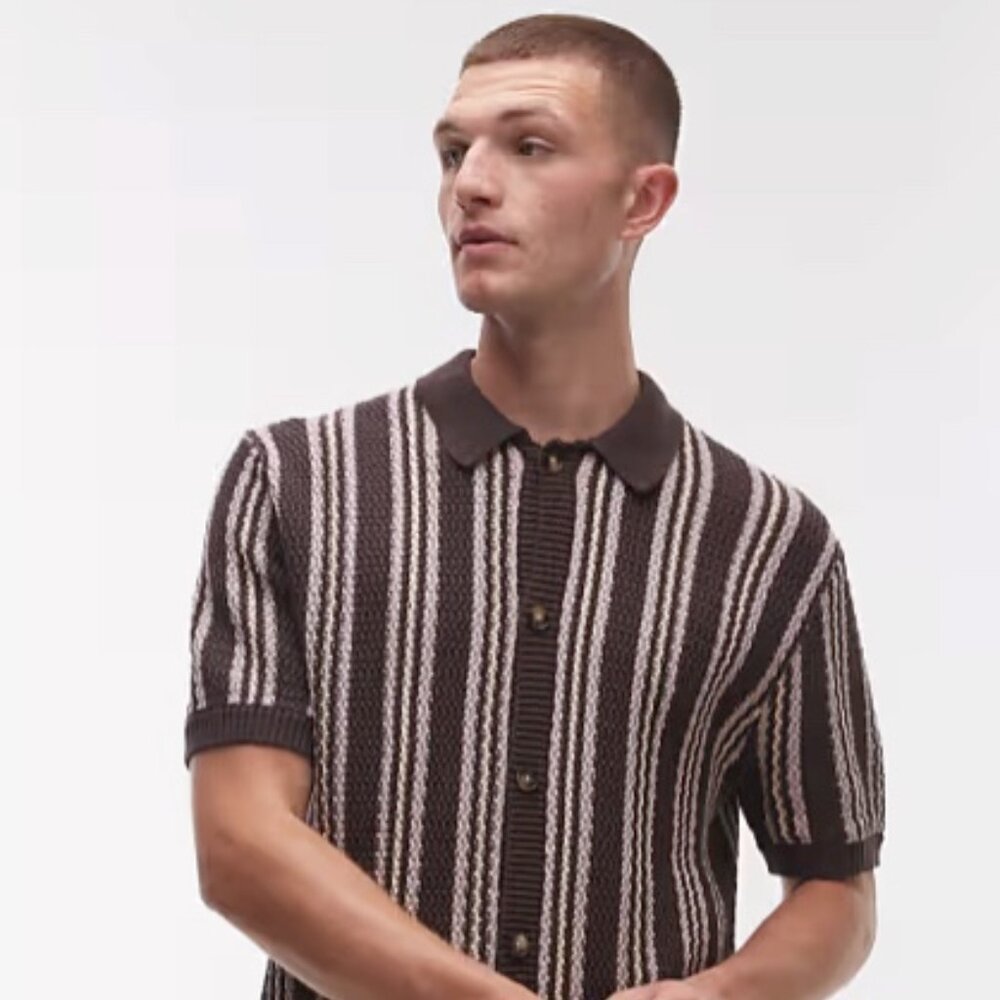 Topman Striped Knit Button-Up Polo Shirt - New With Tags